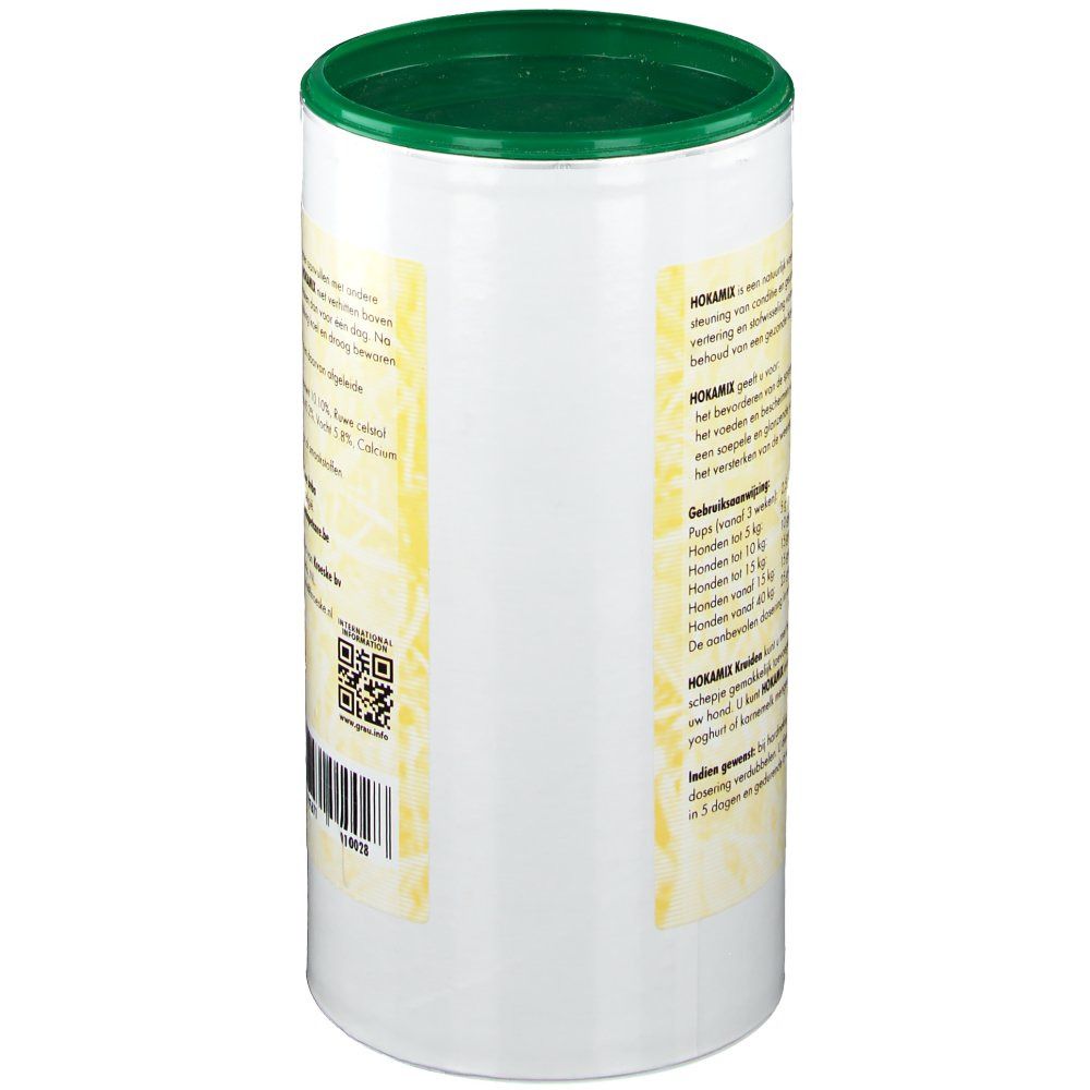 Zylindrische Dose mit grünem Deckel. Seitenansicht mit Text. Text: HOKAMIX, Gebruik, Gebruiksaanwijzing.