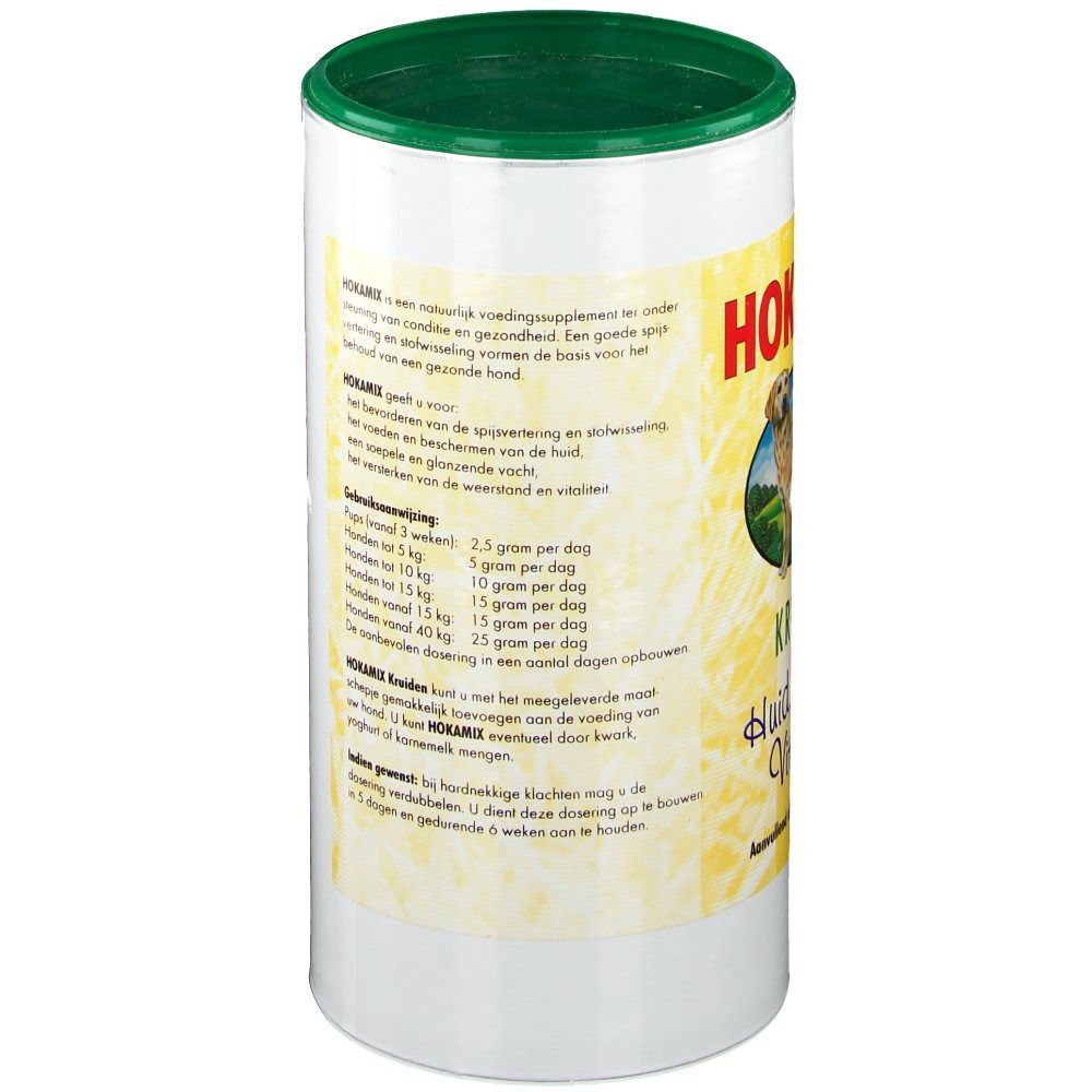 Zylindrische Dose mit grünem Deckel. Text und Bild eines Hundes. Text: HOKAMIX, Kruiden, Gebruiksaanwijzing.