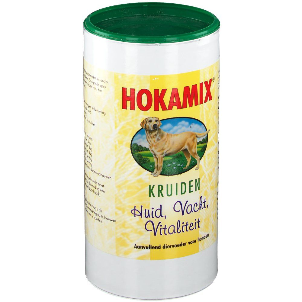 Zylindrische Dose mit grünem Deckel. Aufschrift HOKAMIX, Bild eines Hundes. Text: Kruiden, Huid, Vacht, Vitaliteit.