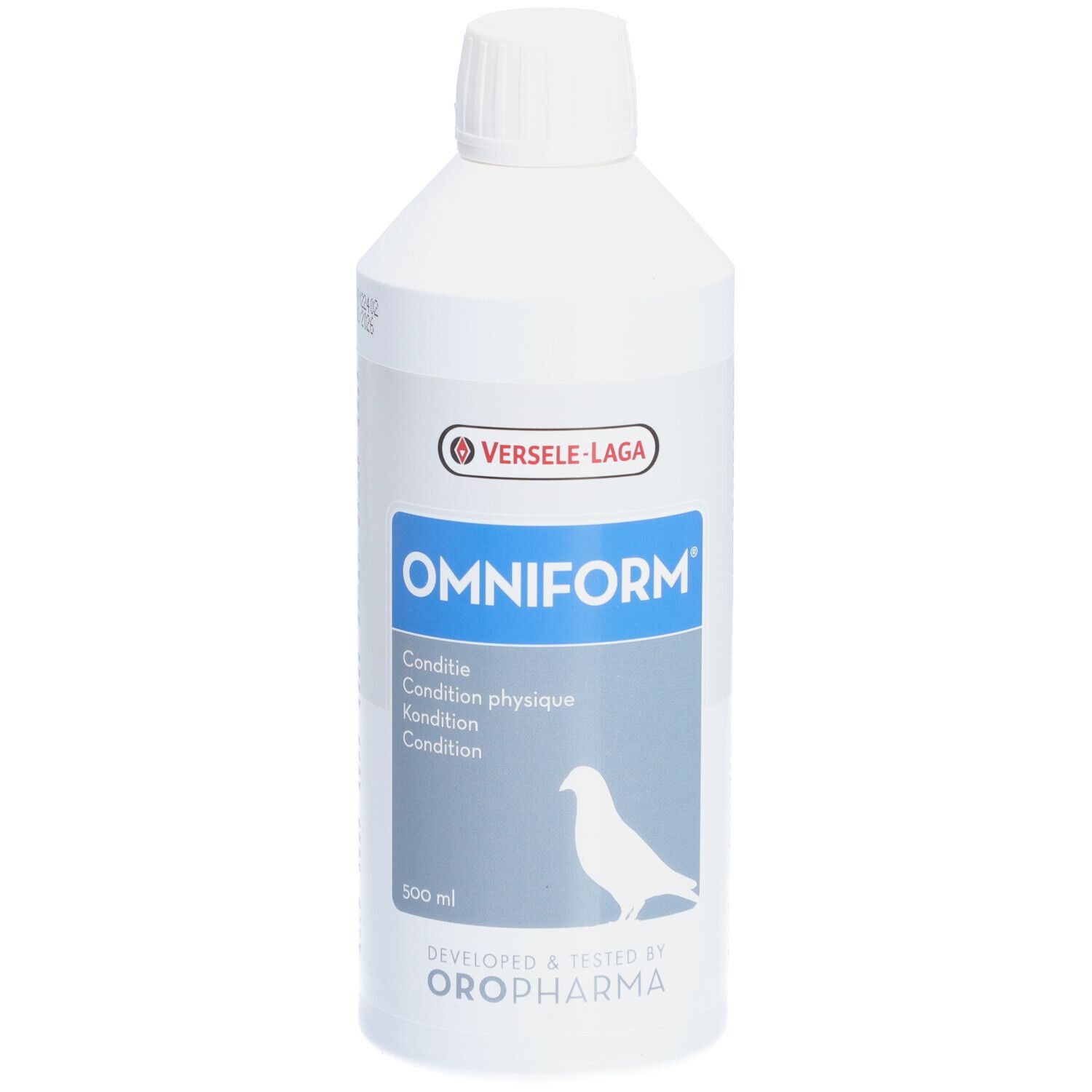 Bouteille blanche avec étiquette Omniform. Texte multilingue et symbole de pigeon. Marque : Versele-Laga.