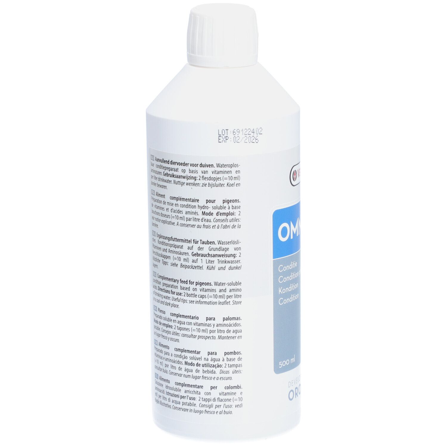 Dos d'une bouteille blanche avec étiquette Omniform. Contient du texte multilingue. Marque : Versele-Laga.