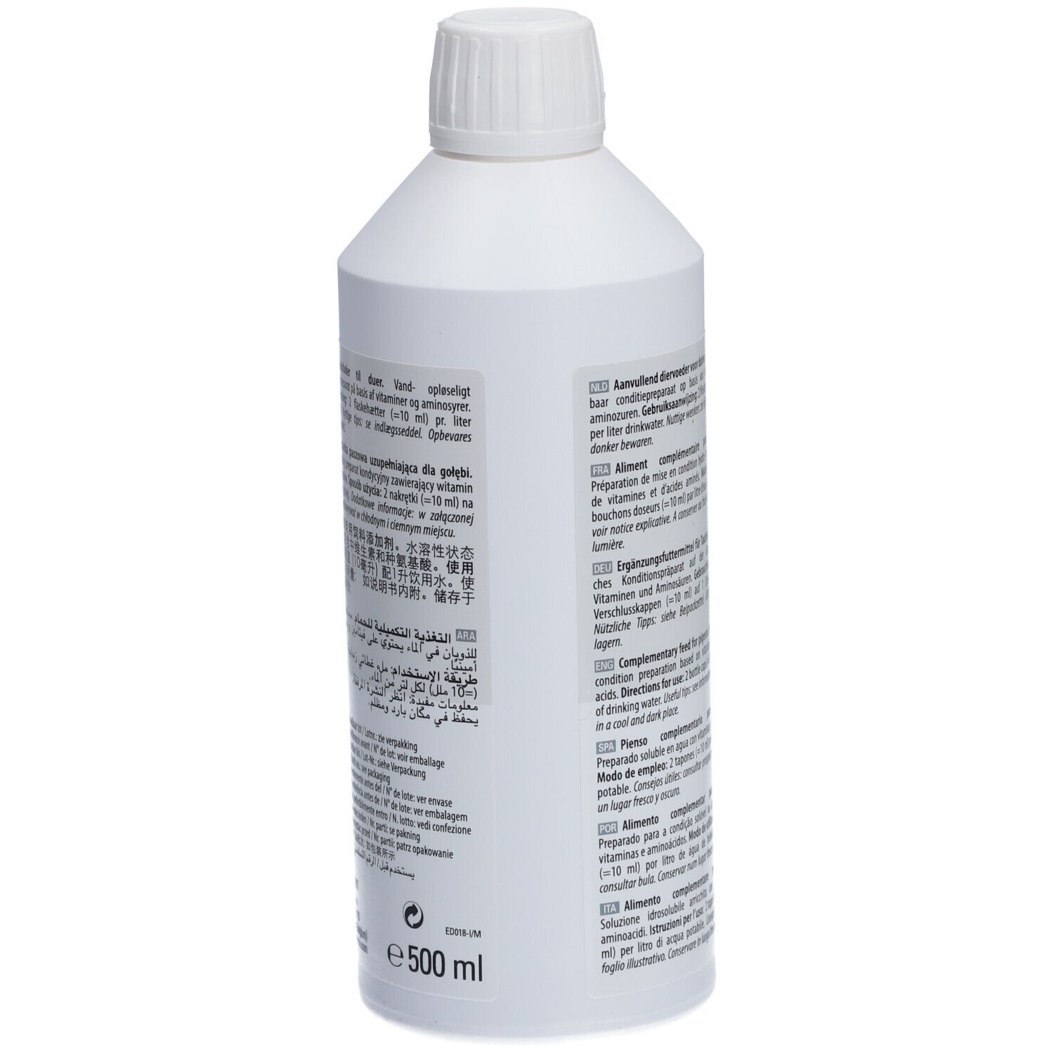 Dos d'une bouteille blanche avec étiquette Omniform. Contient du texte multilingue. Marque : Versele-Laga.