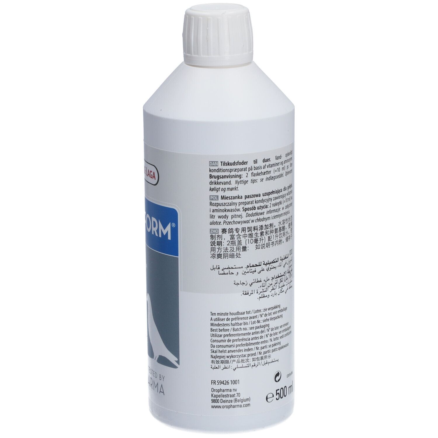 Dos d'une bouteille blanche avec étiquette Omniform. Contient du texte multilingue. Marque : Versele-Laga.