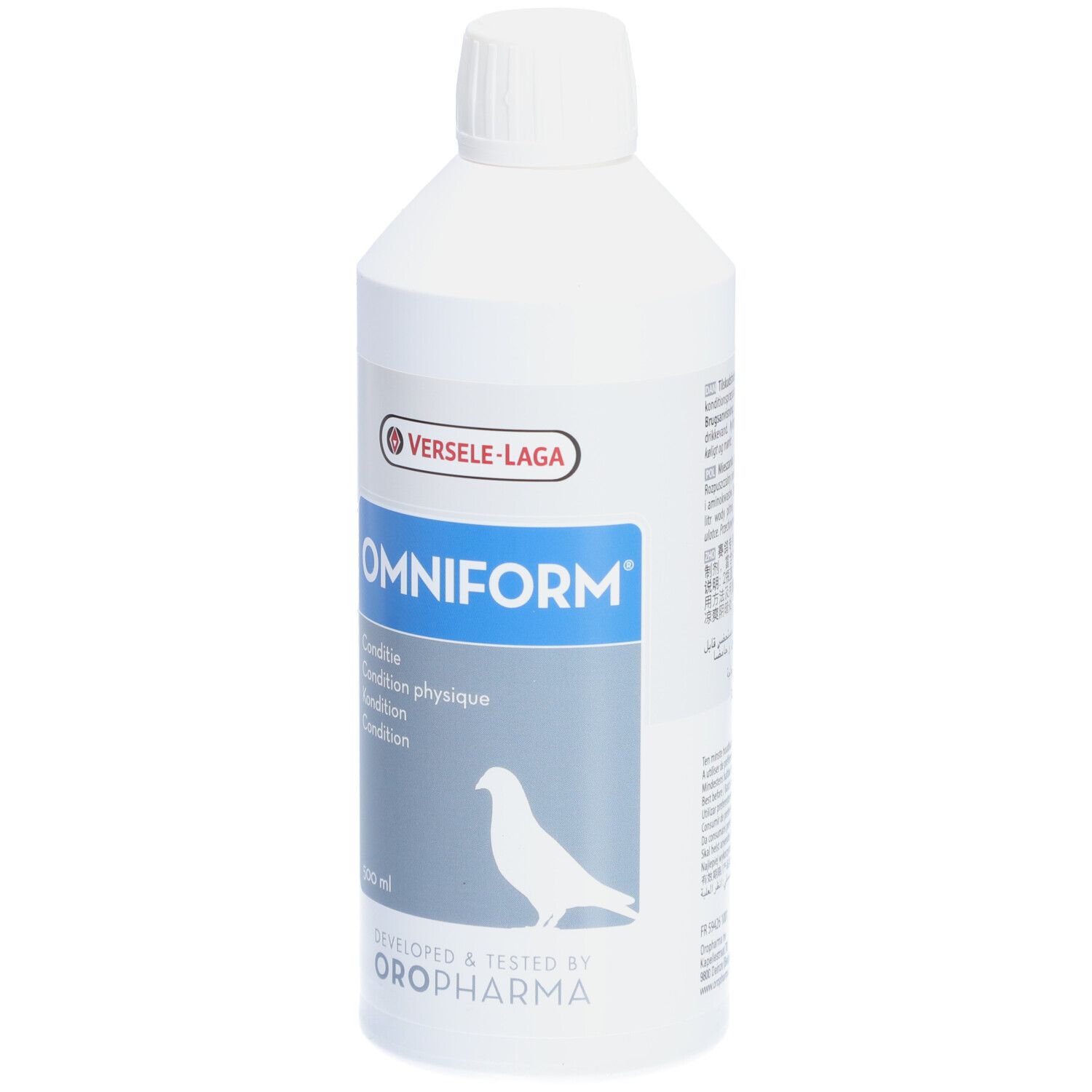 Bouteille blanche avec étiquette Omniform. Texte multilingue et symbole de pigeon. Marque : Versele-Laga.
