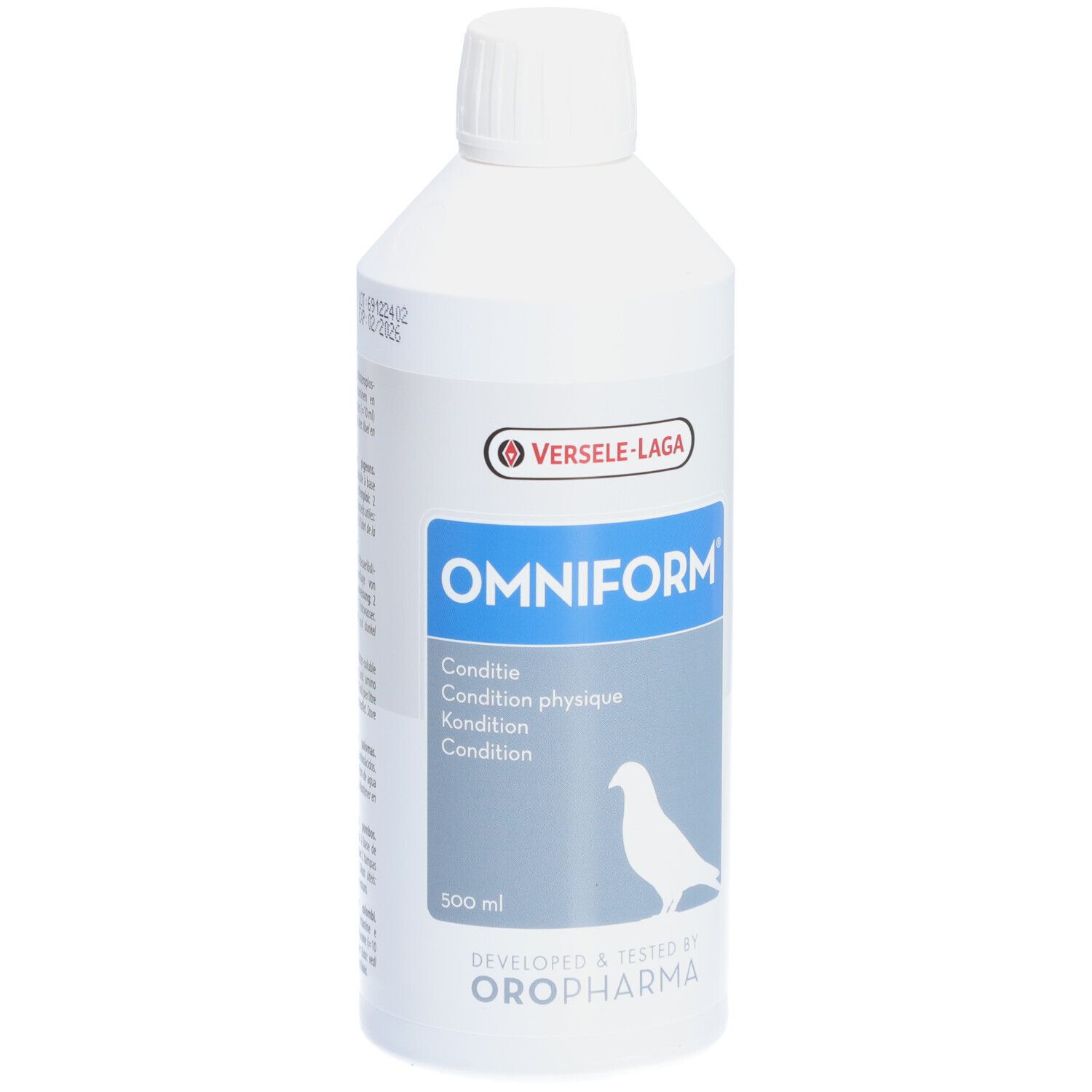 Bouteille blanche avec étiquette Omniform. Texte multilingue et symbole de pigeon. Marque : Versele-Laga.