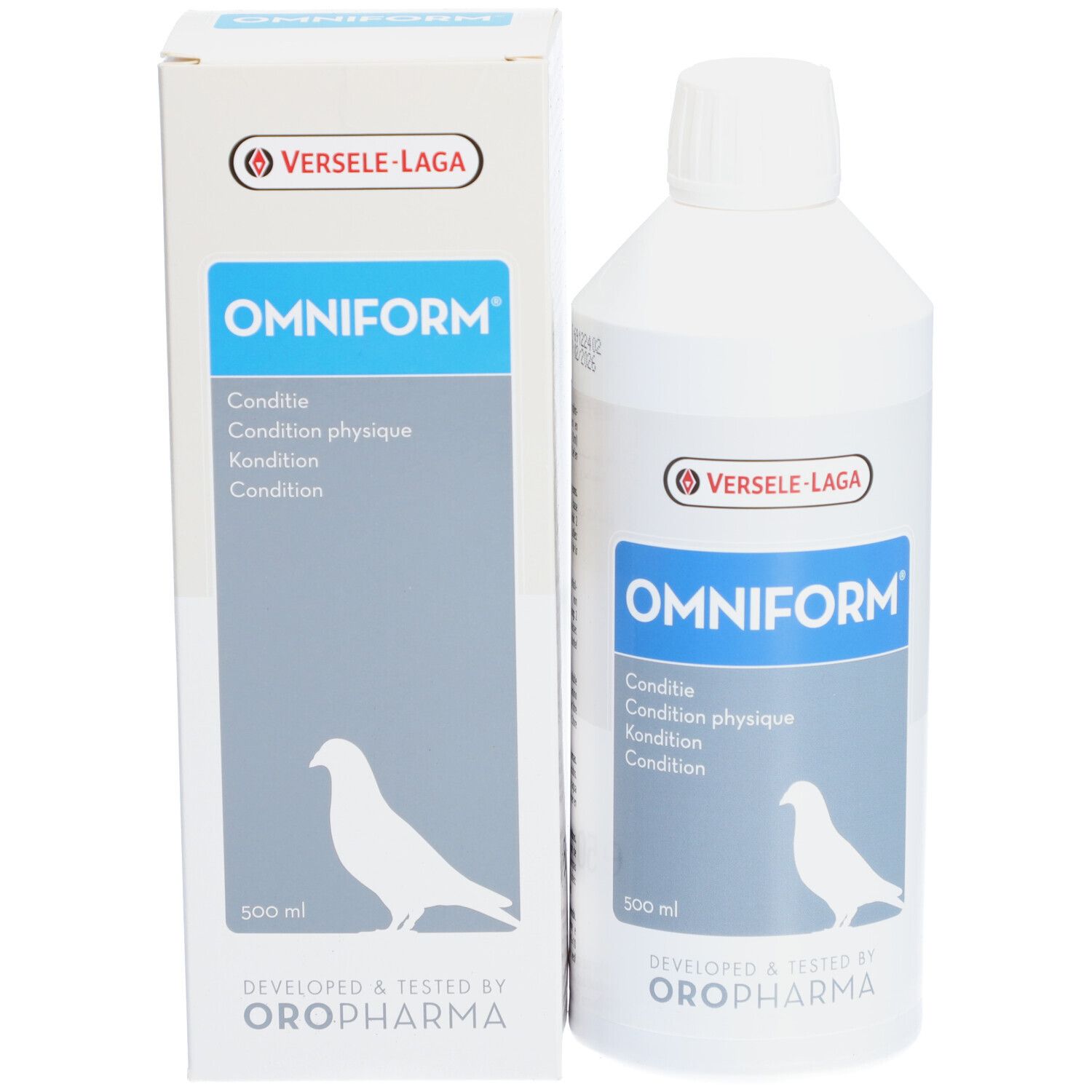 Bouteille et emballage Omniform. Texte multilingue et symbole de pigeon. Marque : Versele-Laga.