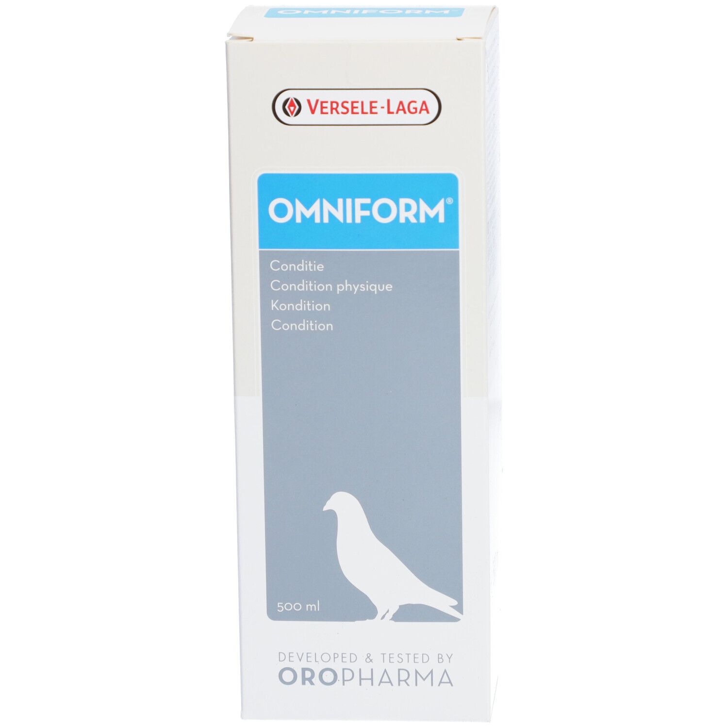 Emballage Omniform. Texte multilingue et symbole de pigeon. Marque : Versele-Laga.