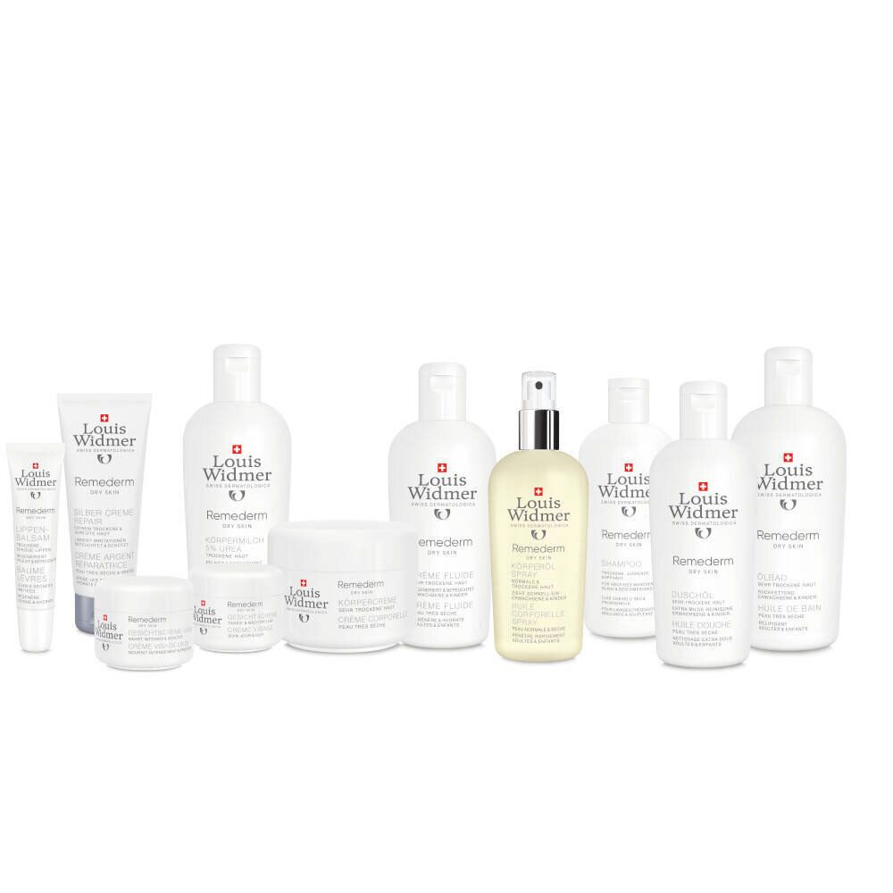 Diverse Louis Widmer producten op witte achtergrond. Crèmes, lotions, sprays en potten.