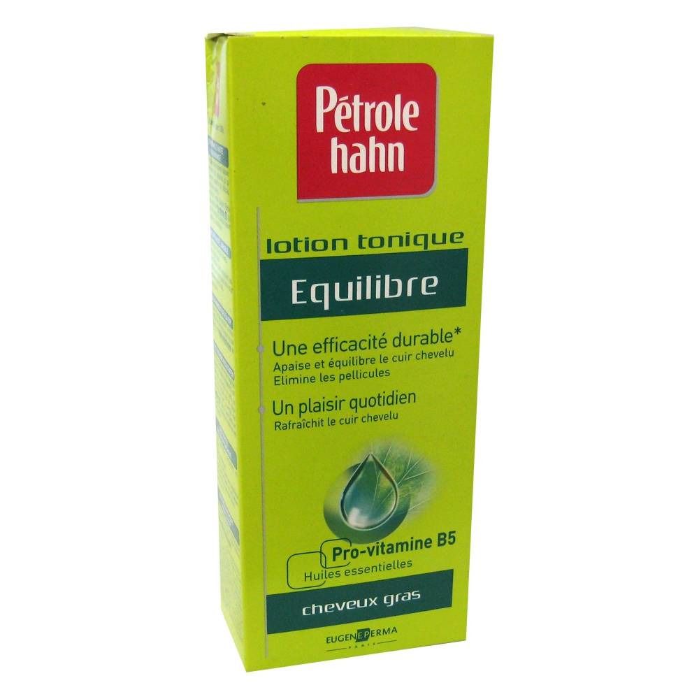 Boîte verte avec logo rouge "Petrole Hahn". Texte: "lotion tonique Equilibre". Contient pro-vitamine B5 et huiles essentielles.