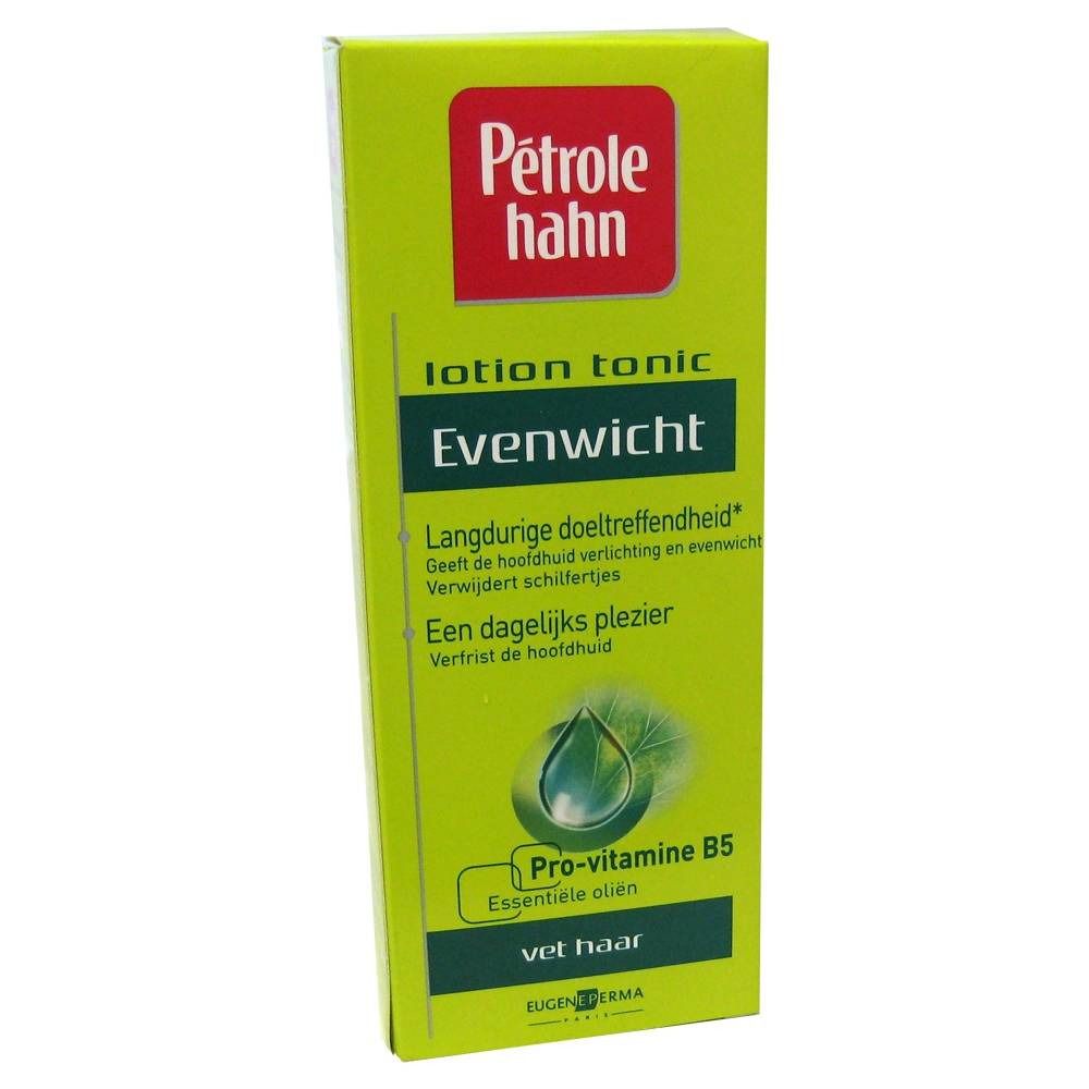 Boîte verte avec logo rouge "Petrole Hahn". Texte: "lotion tonique Evenwicht". Contient pro-vitamine B5 et huiles essentielles.