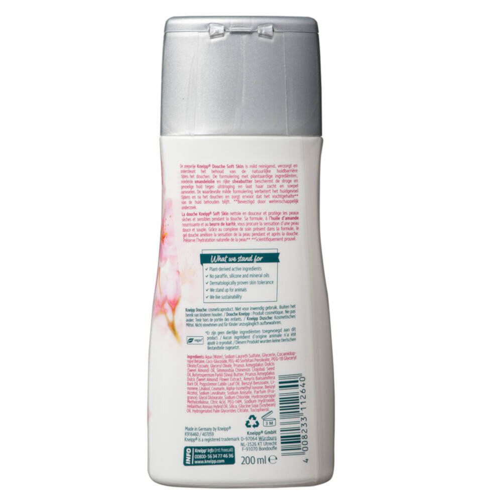 Dos d'un flacon blanc-rose avec bouchon argenté. Texte multilingue. Avec informations sur les ingrédients et sceaux.