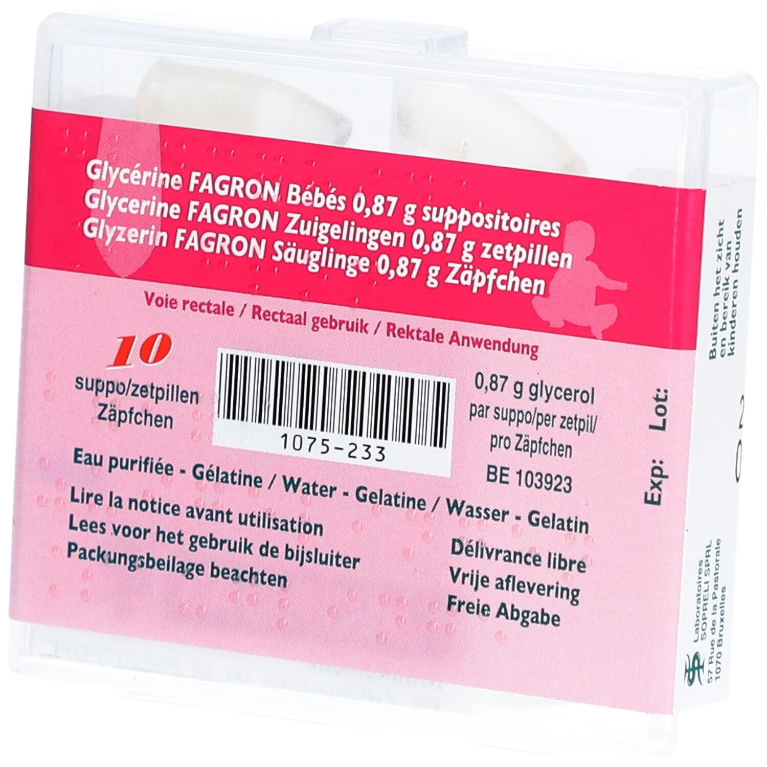 Boîte de 10 suppositoires. Inscription: Glycérine Fagron Bébé. Emballage plastique transparent avec texte rouge.