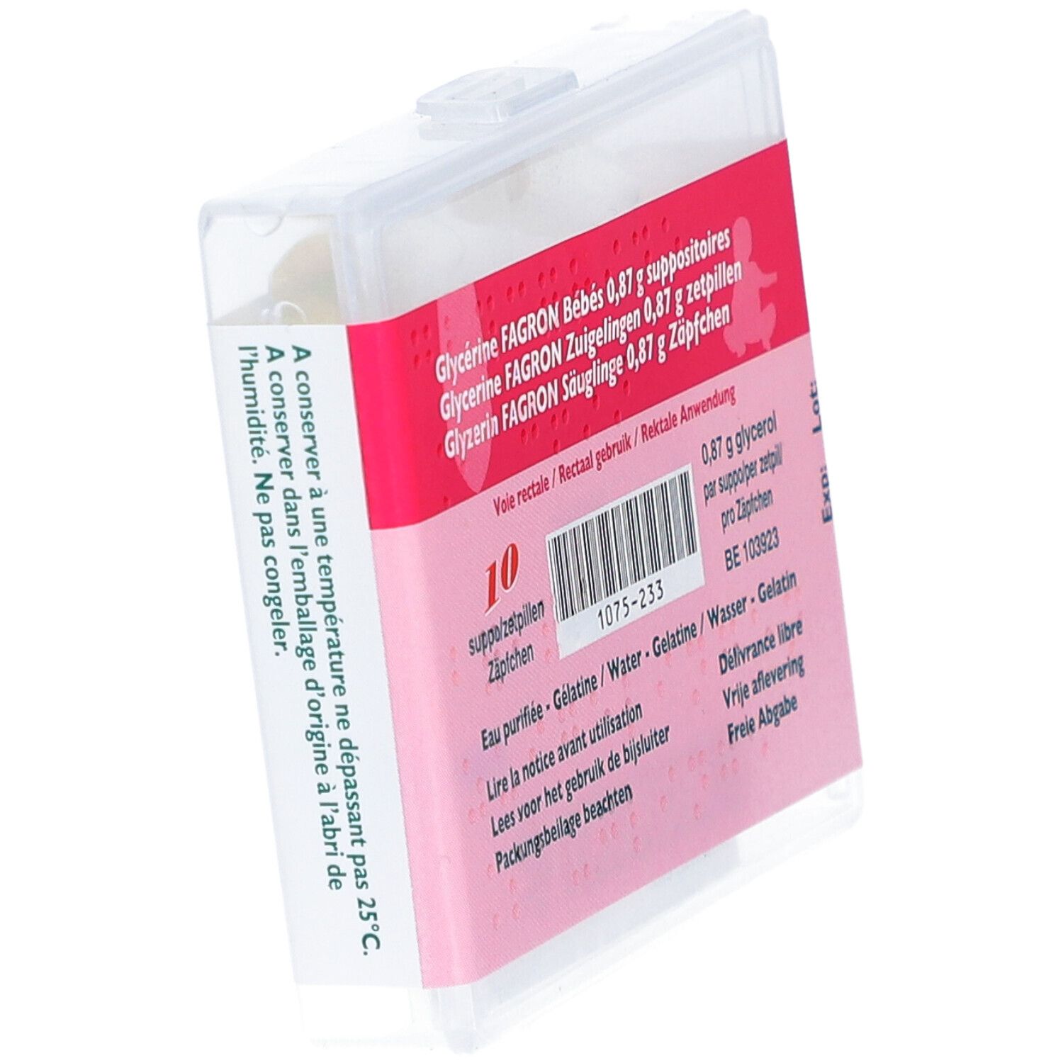 Boîte de 10 suppositoires. Inscription: Glycérine Fagron Bébé. Emballage plastique transparent avec texte rouge.