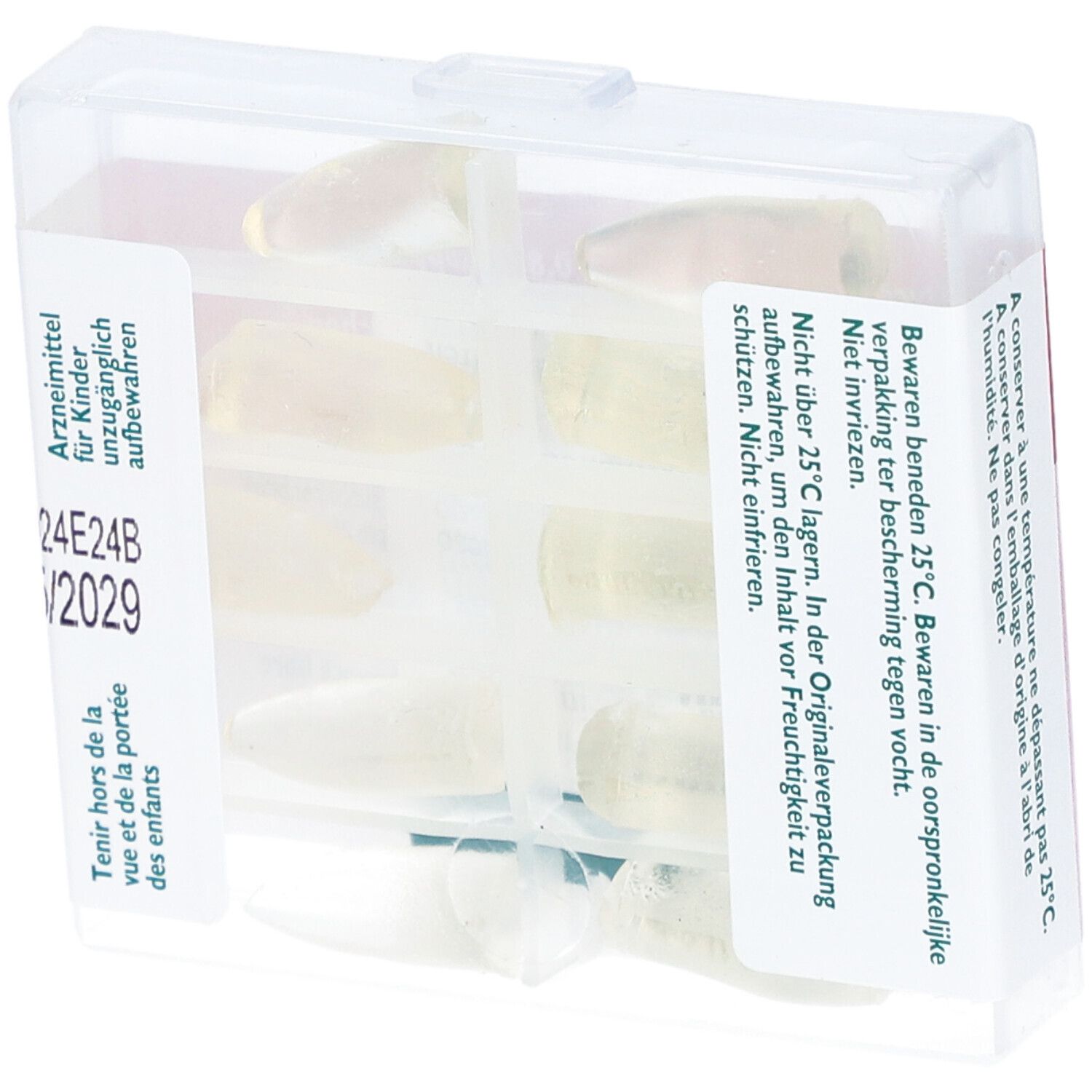 Suppositoires dans un emballage plastique transparent. 8 suppositoires visibles. Impression: Conserver à moins de 25°C.
