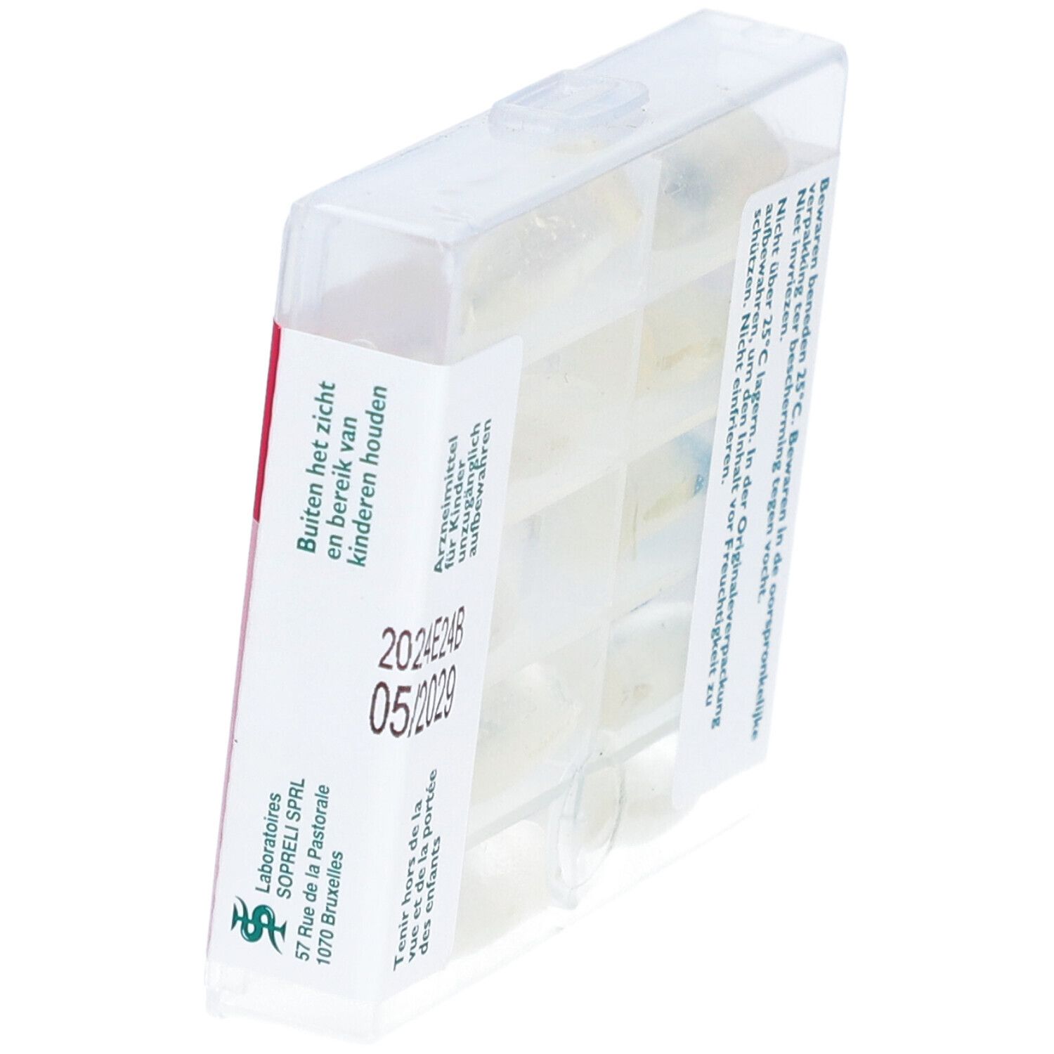 Suppositoires en emballage plastique transparent. Impression: Conserver à moins de 25°C. Date de péremption: 05/2029.