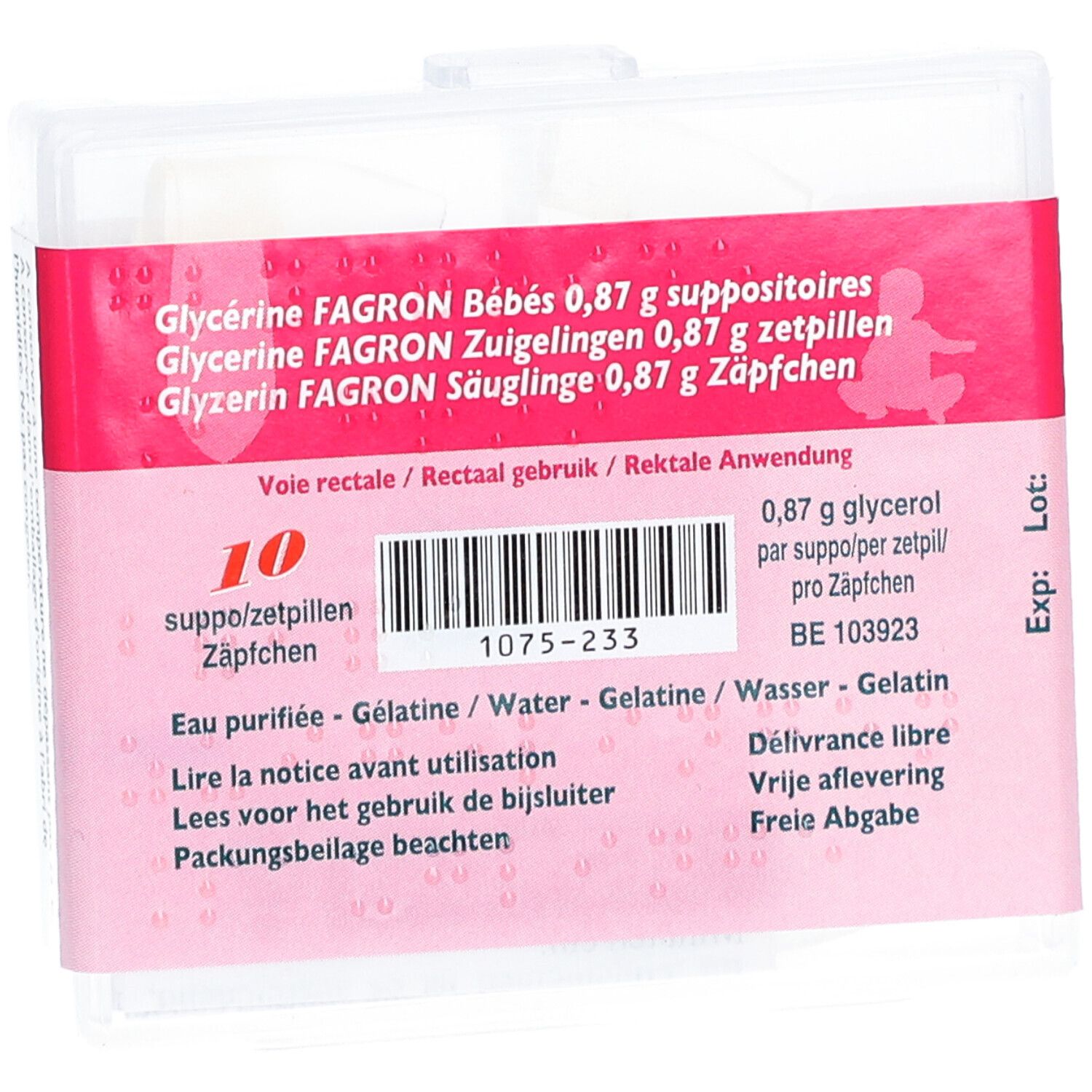Boîte de 10 suppositoires. Inscription: Glycérine Fagron Bébé. Emballage plastique transparent avec texte rouge.