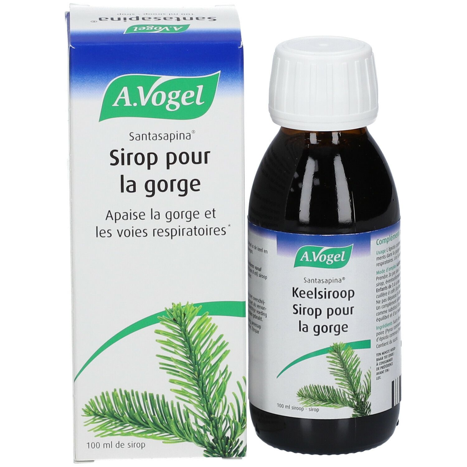 Flacon et emballage du produit. Bouteille brune avec bouchon blanc et boîte. Texte et logo visibles.