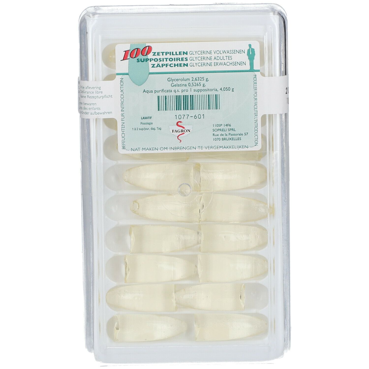 Suppositoires coniques dans un emballage blister. Informations produit et marque Fagron visibles.