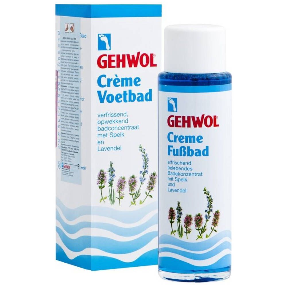 Gehwol Crème Voetbad. Flacon et emballage. Texte: Crème bain de pieds, rafraîchissant, avec lavande. Liquide bleu.