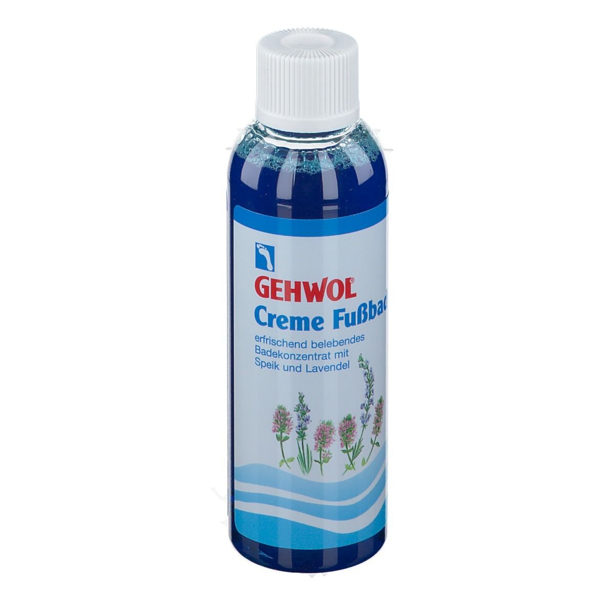 Gehwol Crème bain de pieds. Liquide bleu en flacon avec bouchon blanc. Texte: rafraîchissant, vivifiant, avec lavande.