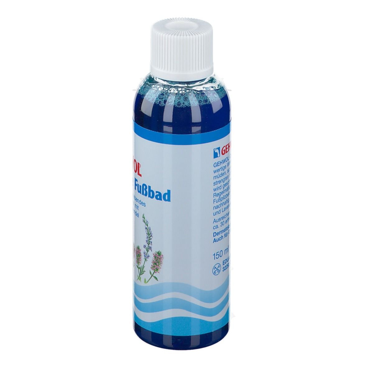 Gehwol Crème bain de pieds. Flacon avec contenu bleu et bouchon blanc. Texte: rafraîchissant, vivifiant, avec lavande.