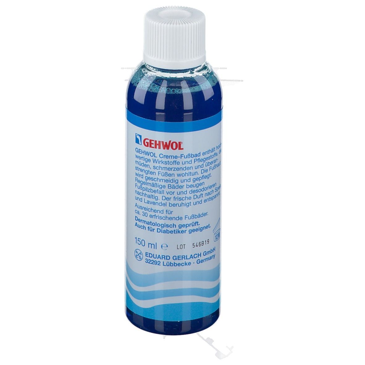 Gehwol Crème bain de pieds. Flacon avec contenu bleu et bouchon blanc. Texte: 150 ml. Convient aux diabétiques.
