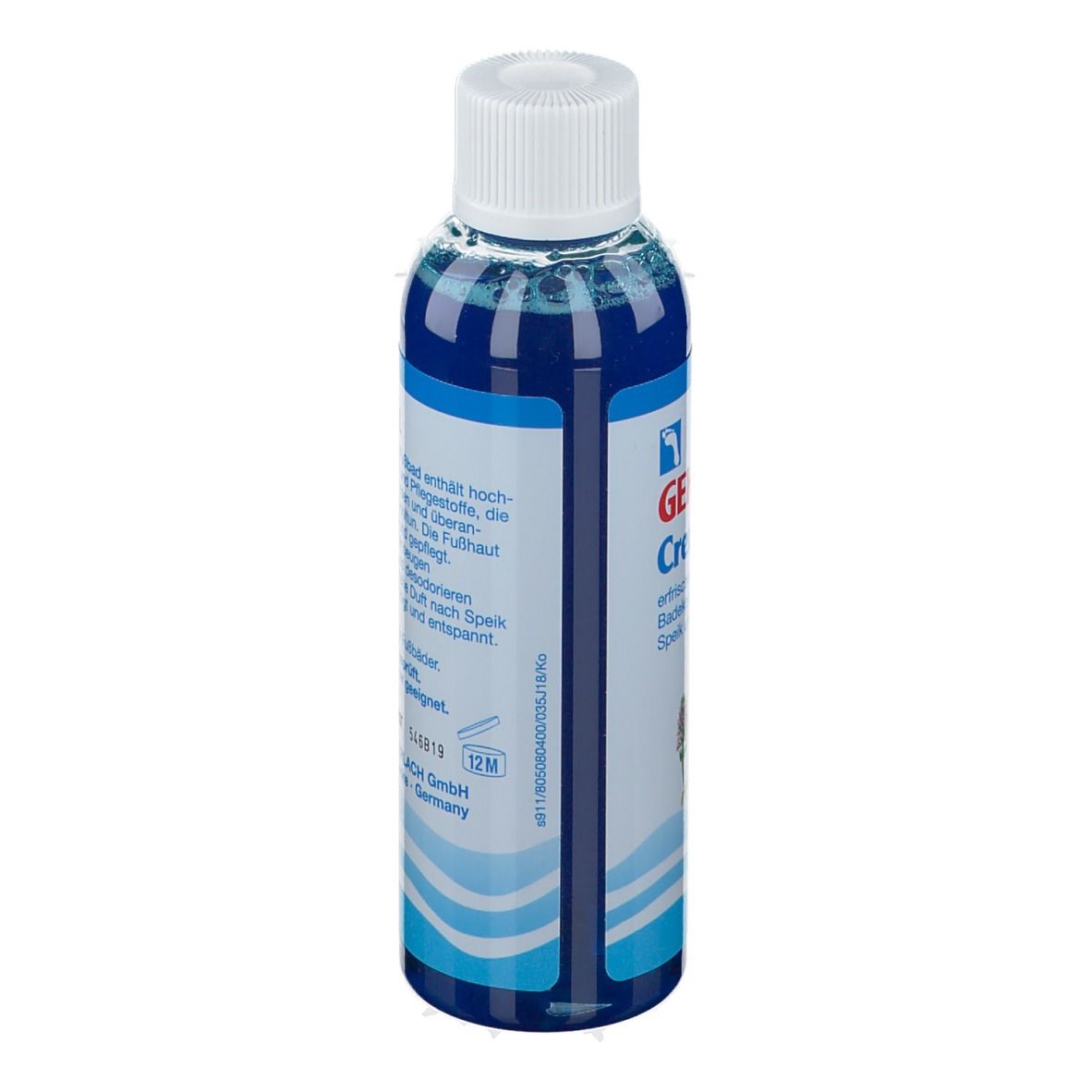 Gehwol Crème bain de pieds. Flacon avec contenu bleu et bouchon blanc. Texte: 150 ml. Convient aux diabétiques.