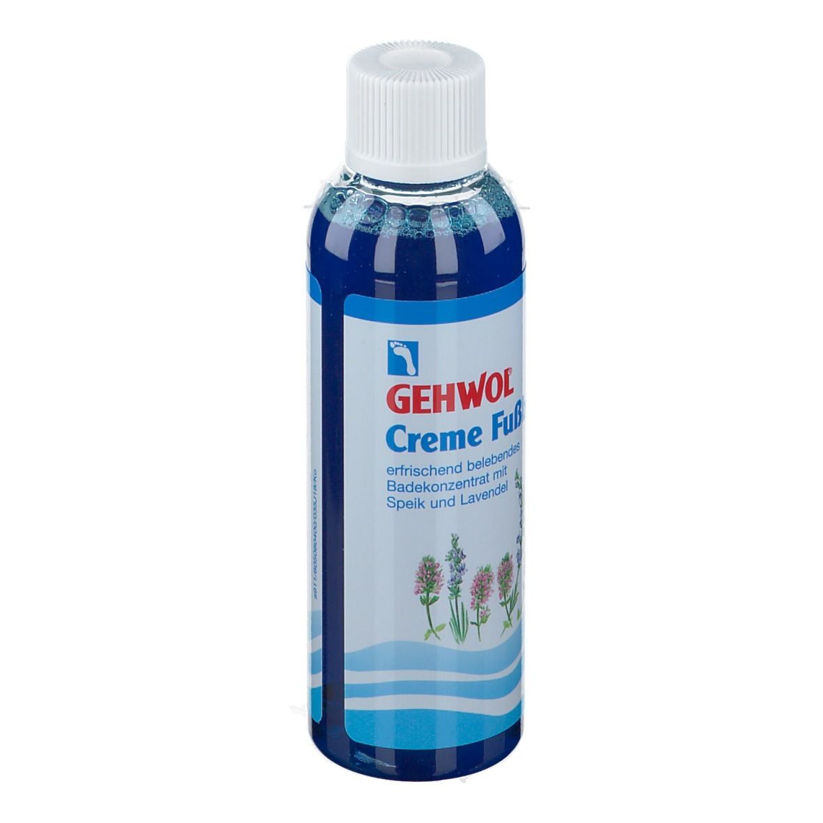 Gehwol Crème bain de pieds. Flacon avec contenu bleu et bouchon blanc. Texte: rafraîchissant, vivifiant, avec lavande.