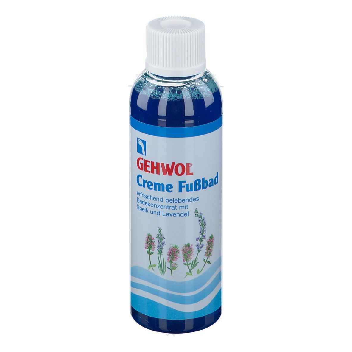 Gehwol Crème bain de pieds. Flacon avec contenu bleu et bouchon blanc. Texte: rafraîchissant, vivifiant, avec lavande.