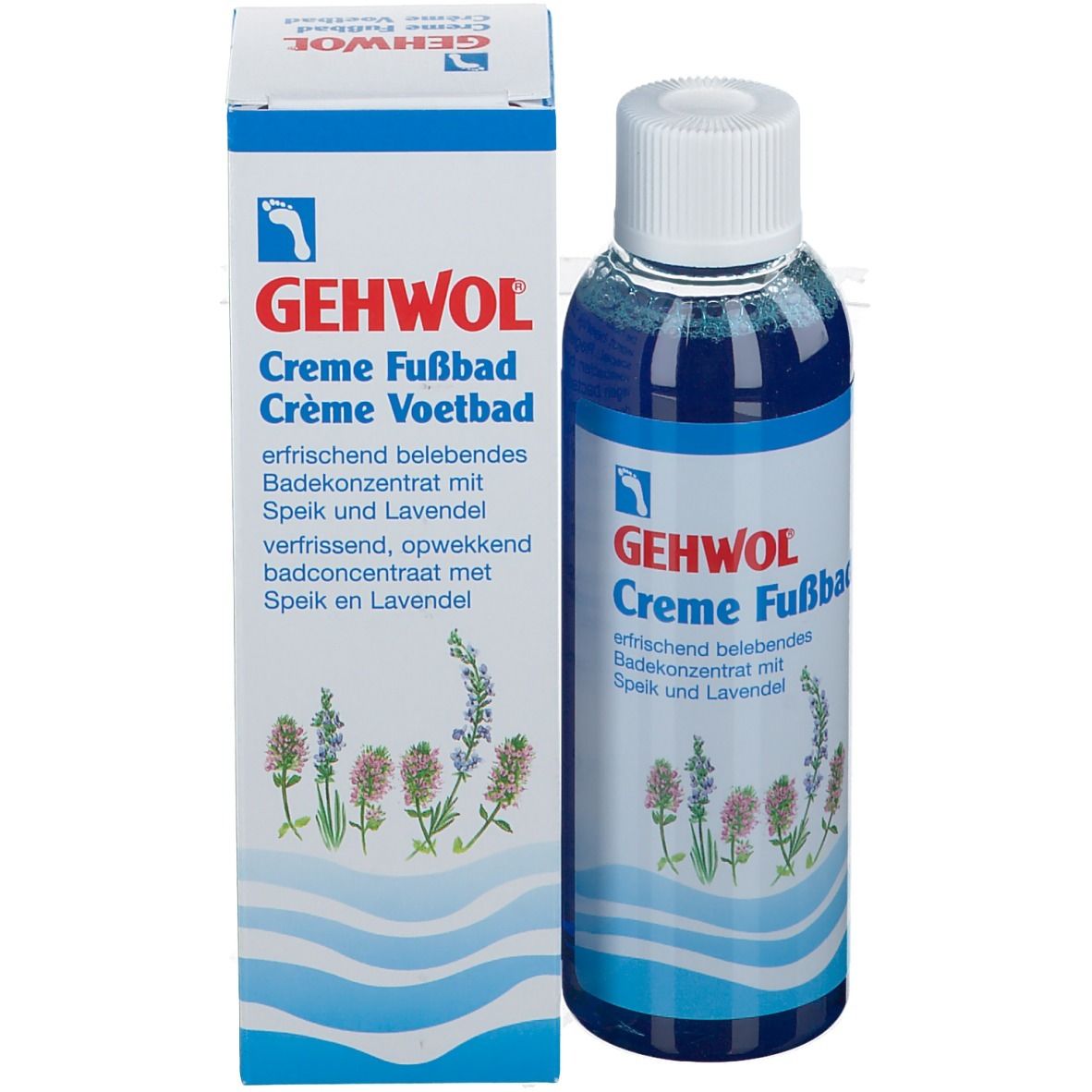 Gehwol Crème bain de pieds. Flacon et emballage. Texte: Crème bain de pieds, rafraîchissant, avec lavande. Liquide bleu.