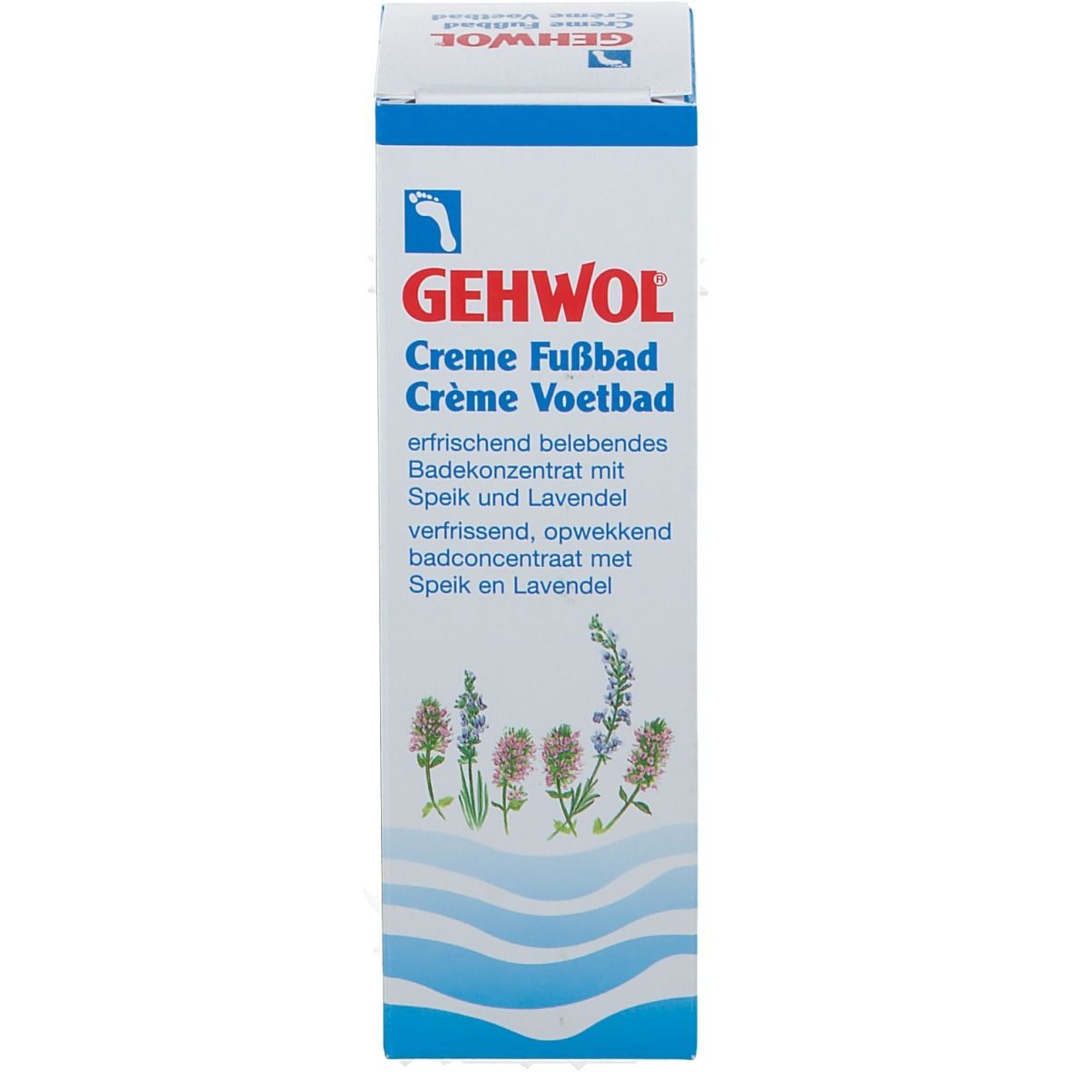 Gehwol Crème bain de pieds. Emballage. Texte: Crème bain de pieds, rafraîchissant, avec lavande. Liquide bleu.