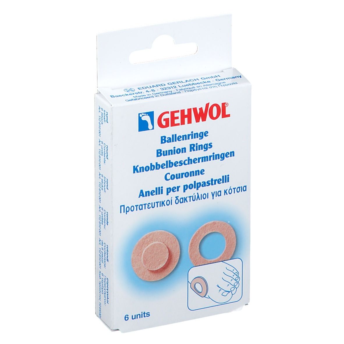 Boîte de GEHWOL Ballenringe. Deux anneaux beiges ronds et un petit anneau. 6 unités.