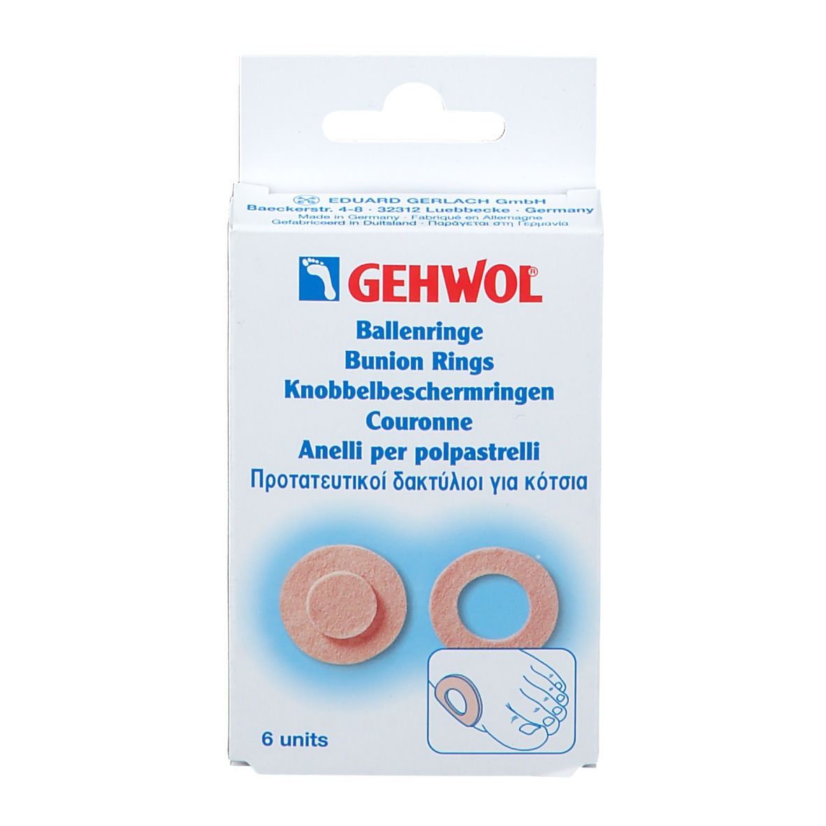Boîte de GEHWOL Ballenringe. Deux anneaux beiges ronds et un petit anneau. 6 unités.