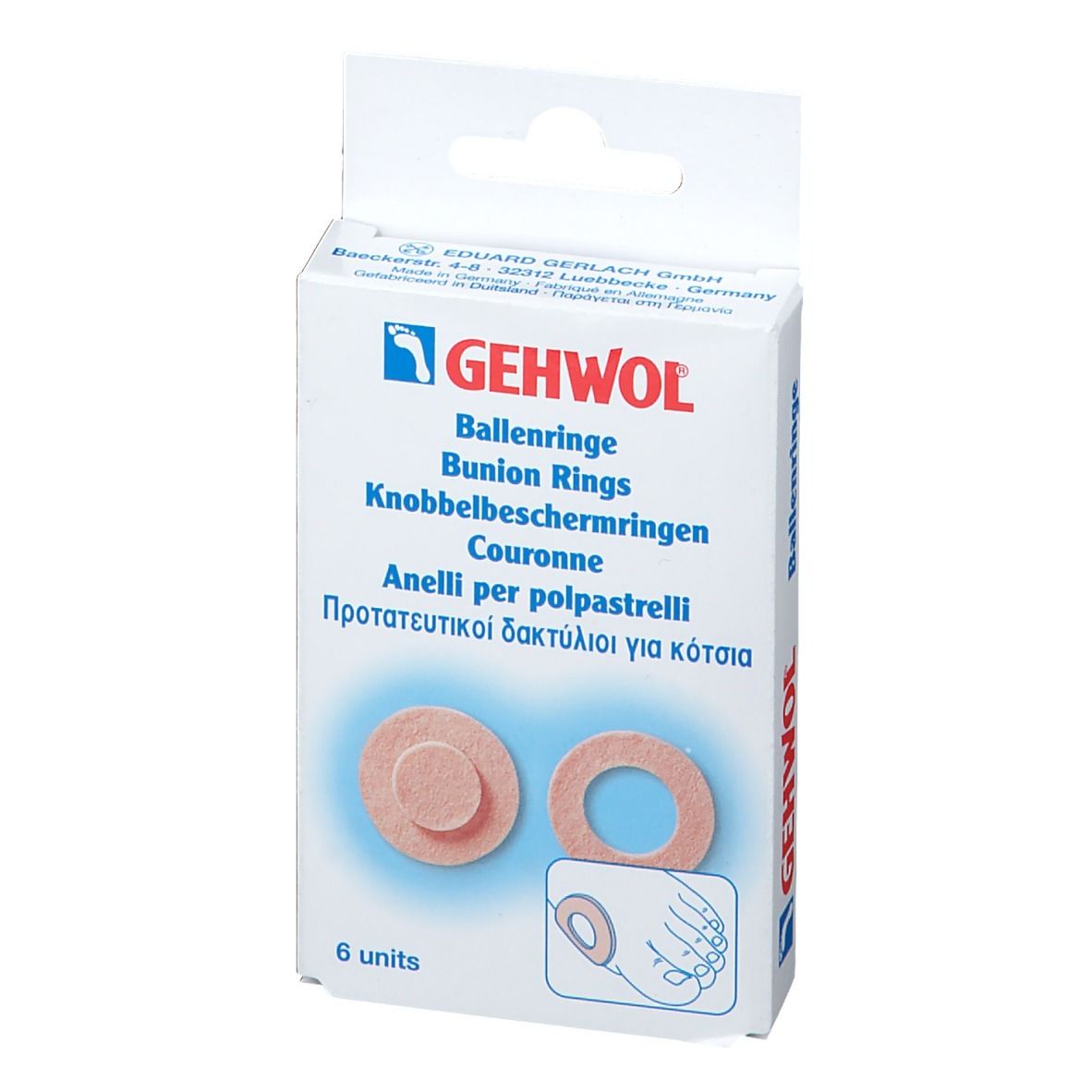 Boîte de GEHWOL Ballenringe. Deux anneaux beiges ronds et un petit anneau. 6 unités.