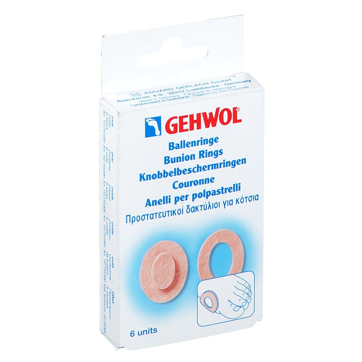 Boîte de GEHWOL Ballenringe. Six anneaux ovales roses. Illustration d'application. Nom du produit et logo visibles.