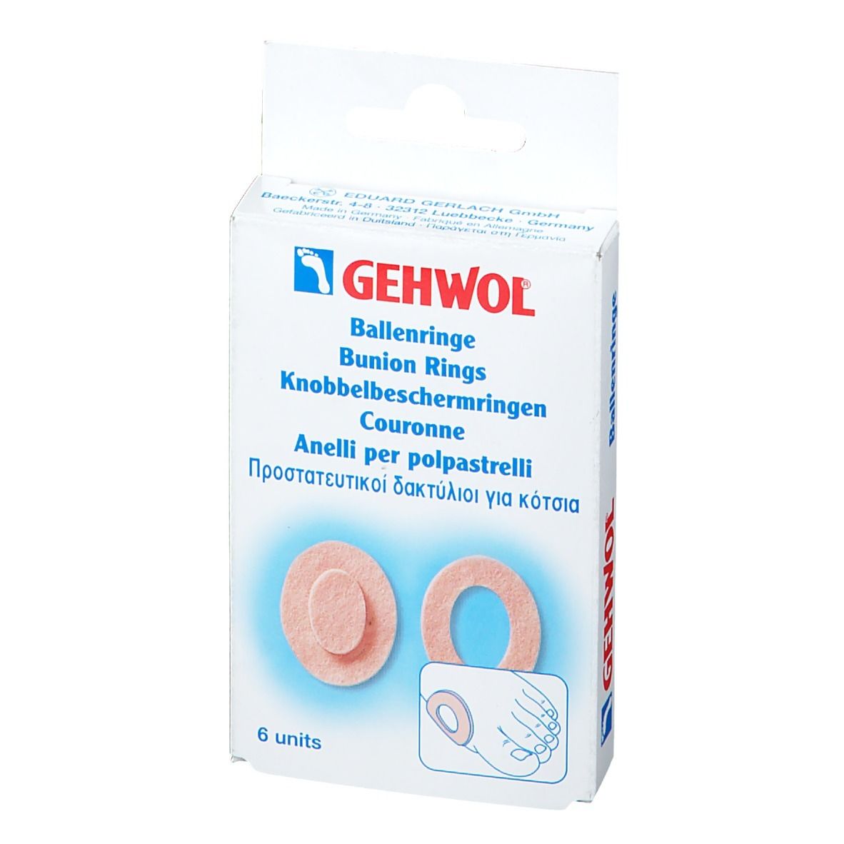 Boîte de GEHWOL Ballenringe. Six anneaux ovales roses. Illustration d'application. Nom du produit et logo visibles.