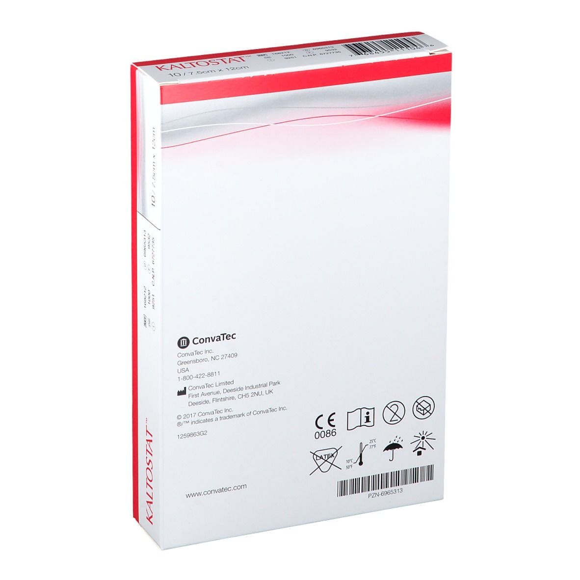 Rückseite der Kaltostat-Verpackung. Herstellerinformationen, CE-Kennzeichnung und Hinweise zur Lagerung.
