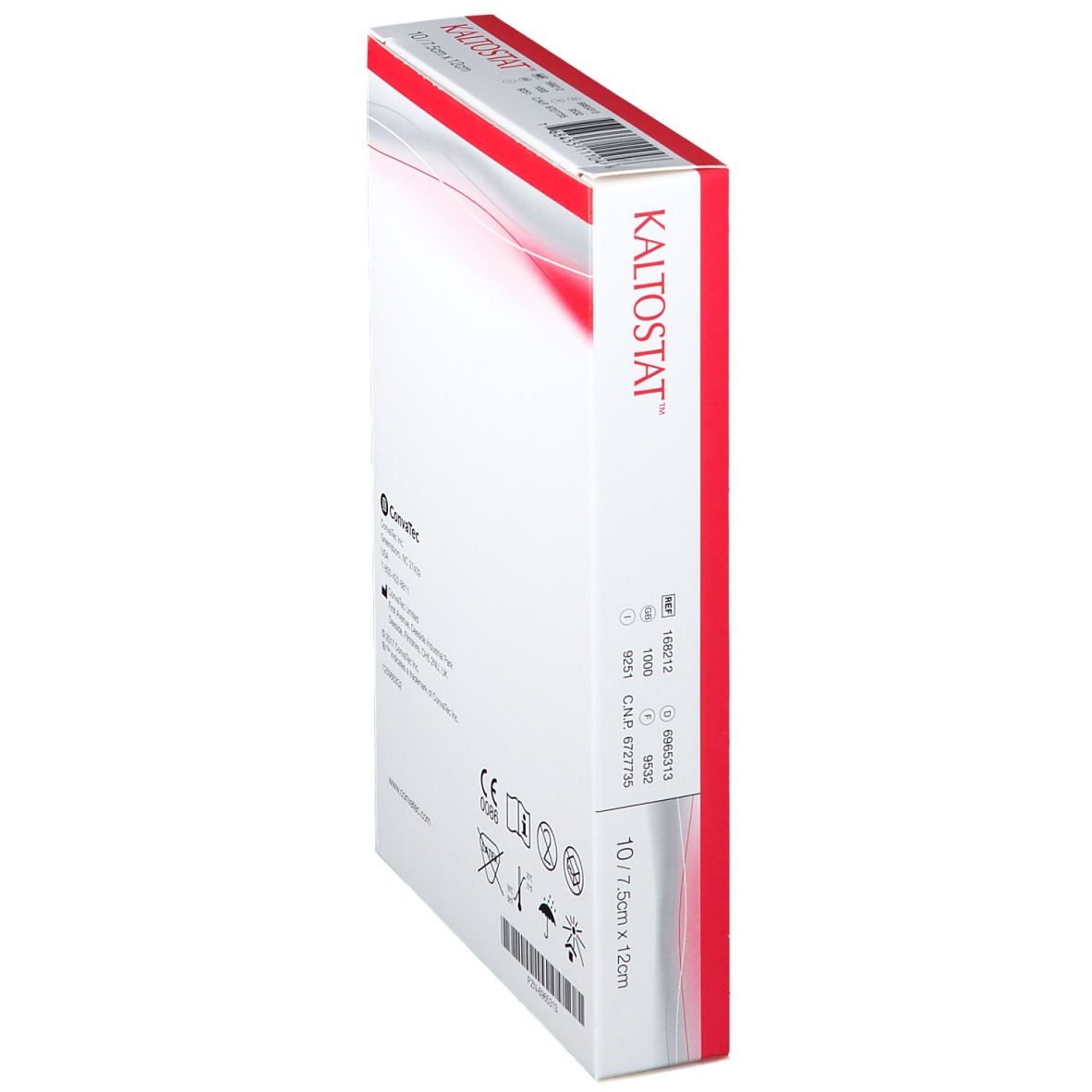Kaltostat-Verpackung, Seitenansicht. Produktname, Größe und sterile Kennzeichnung sichtbar. Herstellerinformationen.