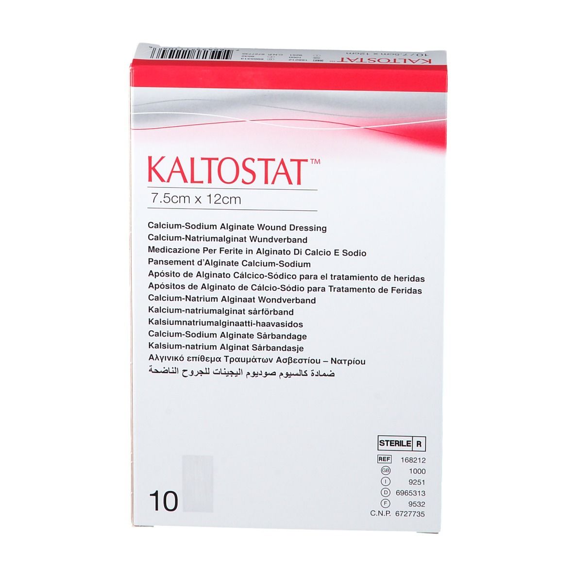 Kaltostat-Verpackung, 7,5 cm x 12 cm, mit Produktbezeichnungen in mehreren Sprachen. 10 Stück. Steril.