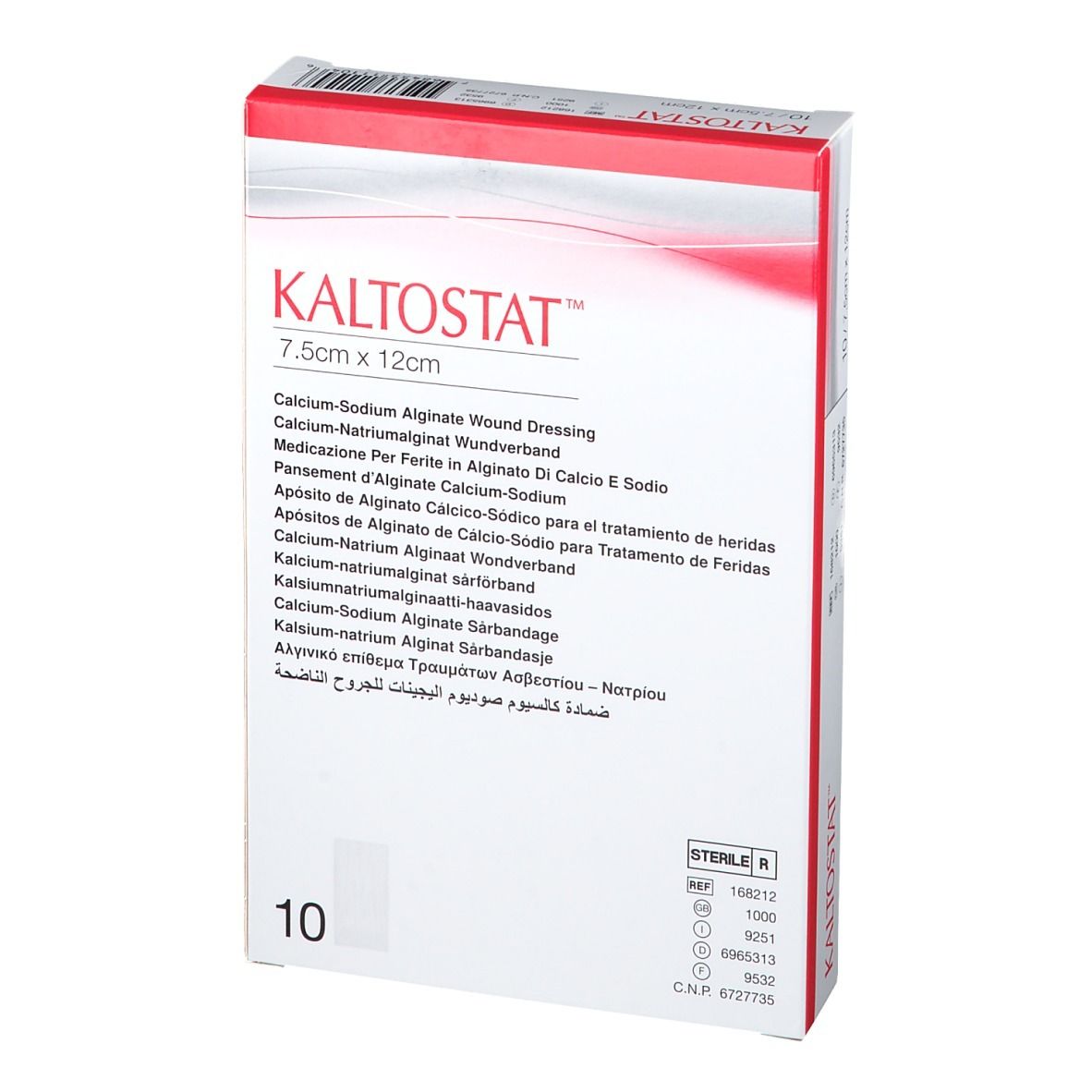 Kaltostat-Verpackung, 7,5 cm x 12 cm, mit Produktbezeichnungen in mehreren Sprachen. 10 Stück. Steril.