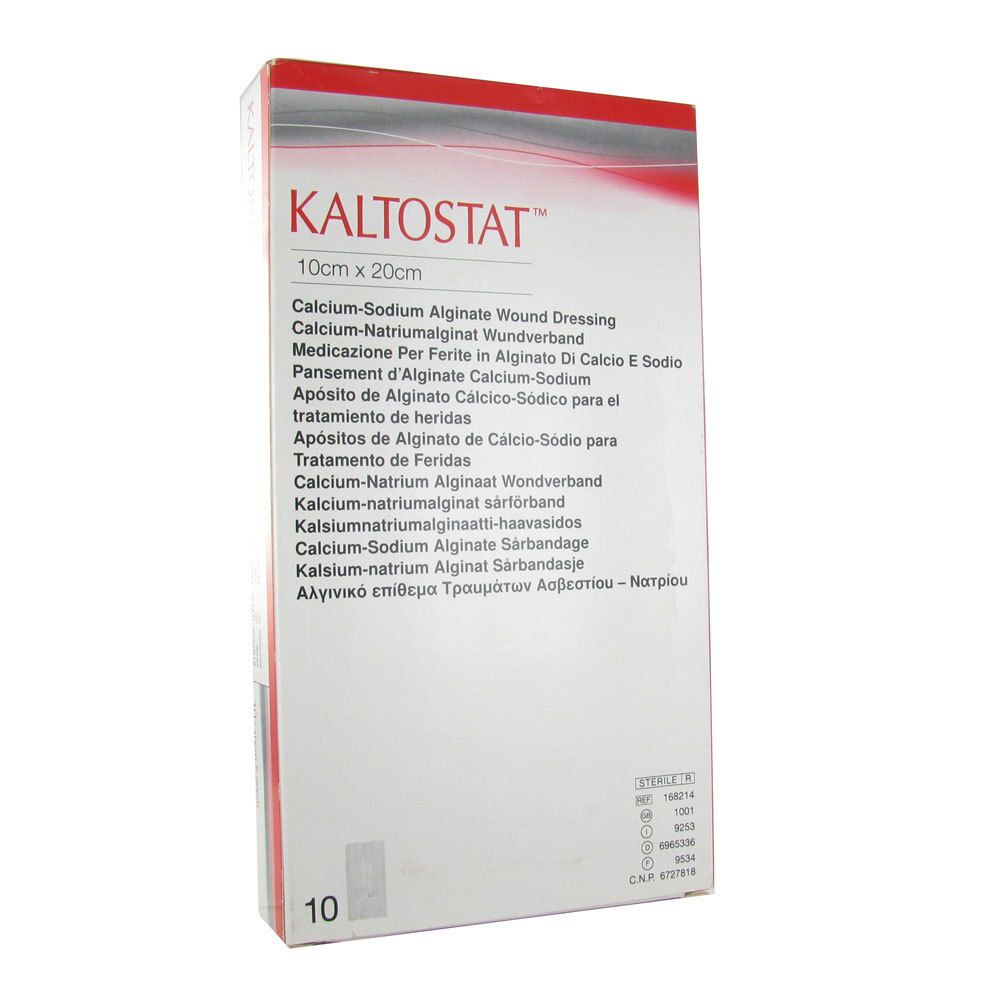 Emballage de pansement KALTOSTAT™ 10 x 20 cm. Inscription : Pansement d'Alginate de Calcium-Sodium. Boîte de 10.