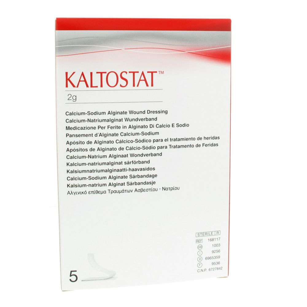 Witte verpakking met rode streep. Opschrift: KALTOSTAT 2g. Productbeschrijvingen in meerdere talen.