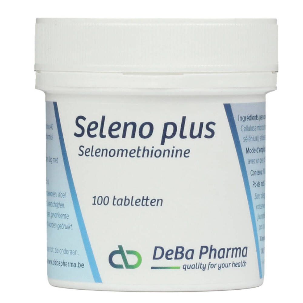 Witte pot "Seleno plus", 100 tabletten. DeBa Pharma logo.