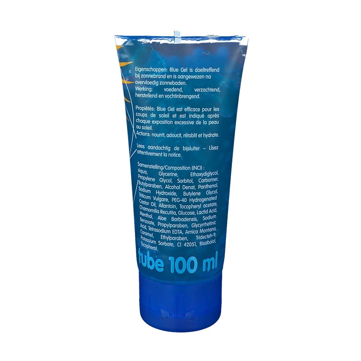Rückseite der blauen Tube "blue gel". Enthält Inhaltsstoffe und weitere Informationen in Niederländisch.