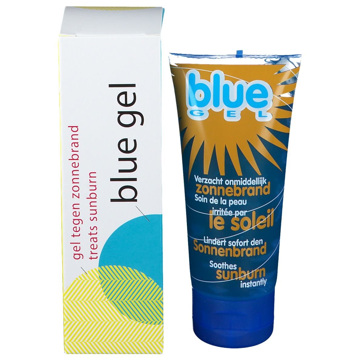 Produktverpackung mit Tube und Schachtel. Schachtel mit "blue gel"-Logo und Text. Tube mit Sonnenbrand-Hinweisen.