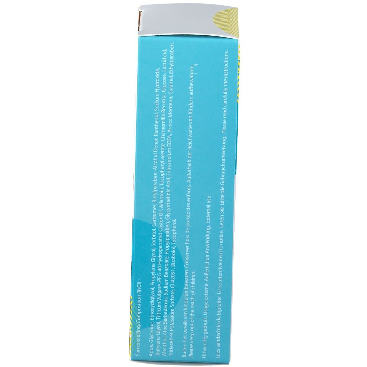 Seite der "blue gel"-Schachtel. Enthält Inhaltsstoffe und Warnhinweise. Text in Niederländisch und Französisch.