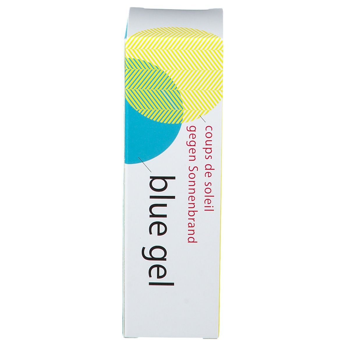 Seite der "blue gel"-Schachtel. Blau-gelbes Design mit Produktnamen und Text: "coups de soleil gegen Sonnenbrand".