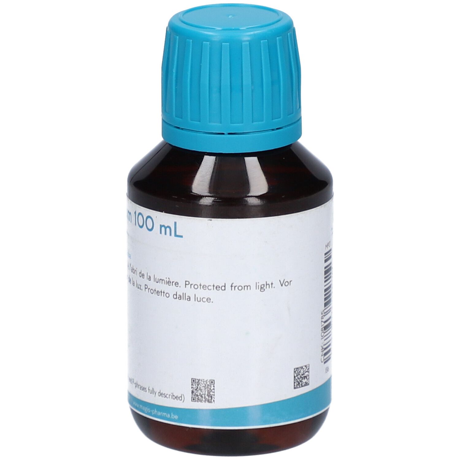 Braune Glasflasche mit blauem Deckel. Etikett mit Produktnamen und Text. Jojoba oleum 100 ml.