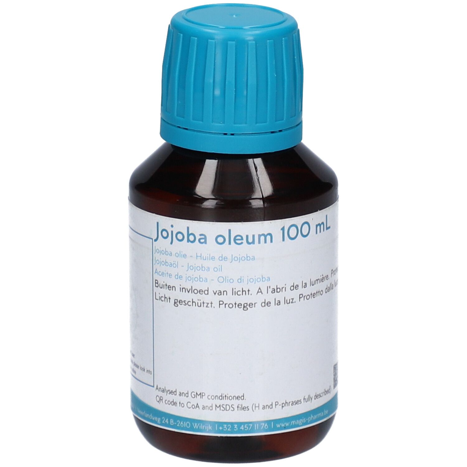 Braune Glasflasche mit blauem Deckel. Etikett mit Produktnamen und Text. Jojoba oleum 100 ml.
