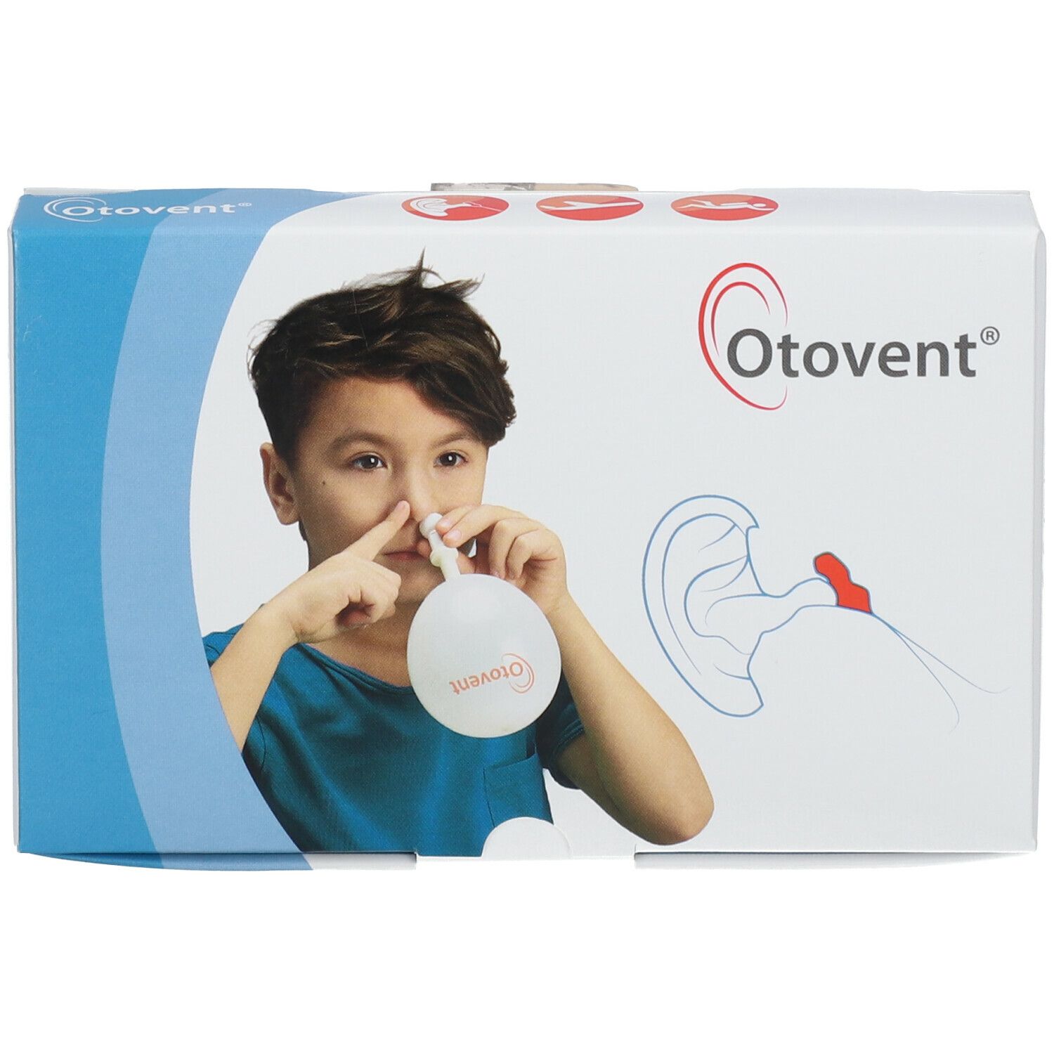 Boîte Otovent. Enfant utilisant un ballon nasal. Logo Otovent. Illustration de l'oreille. Nom et logo du produit.